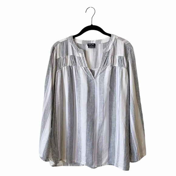 Splendid Linen Blend Top Women's Size M White Striped V-Neck 3/4 Sleeve Shirred - Picture 1 of 10